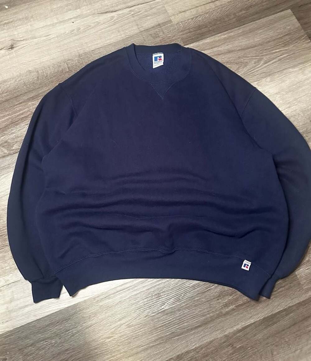 Vintage 90s Russell Athletic Blank Navy Blue Crewneck Sweatshirt Made in USA